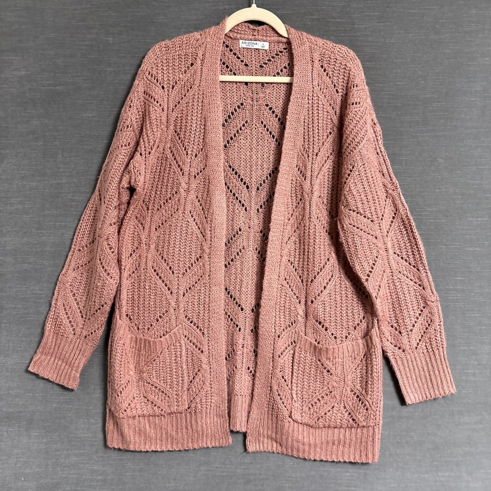 Arizona Cardigan L Mauve Pink Pointelle Knit Open Front Sweater Cozy Cottage